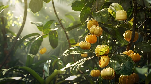 Lush Tropical Garcinia Cambogia Forest with Vibrant Green Canopy and Glistening Ripe Fruit