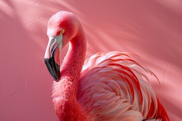Obraz premium A striking flamingo stands gracefully against a pink background, showcasing its vibrant plumage.
