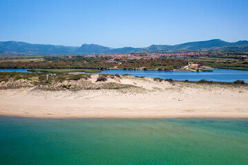 Drone aerial view of San Pietro a Mare wild beach coast in Sardinia, Italy