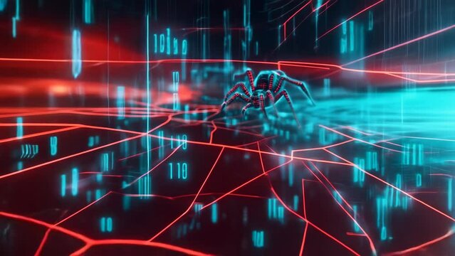 Close-up of a digital spider with binary code patterns on its body and legs