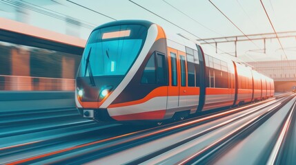 Fototapeta premium A modern light rail system offering efficient, ecofriendly transportation through urban areas, reducing traffic congestion and emissions with copy space