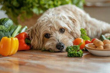 Cute long-haired dog with herbs and vegetables. Healthy food for pets.