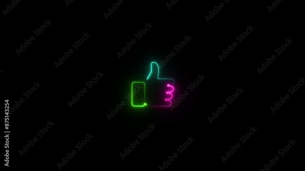 Poster neon glowing thumb up like symbol, animated like button on black background. like button animation