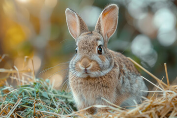 Fototapeta premium A fluffy rabbit happily munching on a pile of fresh hay and herbs,
