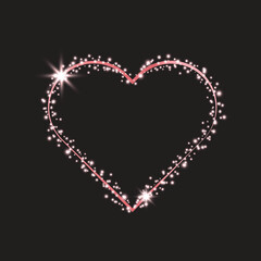 Sparkling shiny glowing stardust magical light heart shape love vector border frame 