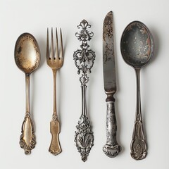 Vintage cutlery set with ornate designs on white background, perfect for retro culinary and antique kitchen themes.