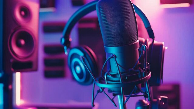 Vibrant studio setup with microphone, headphones, and monitor