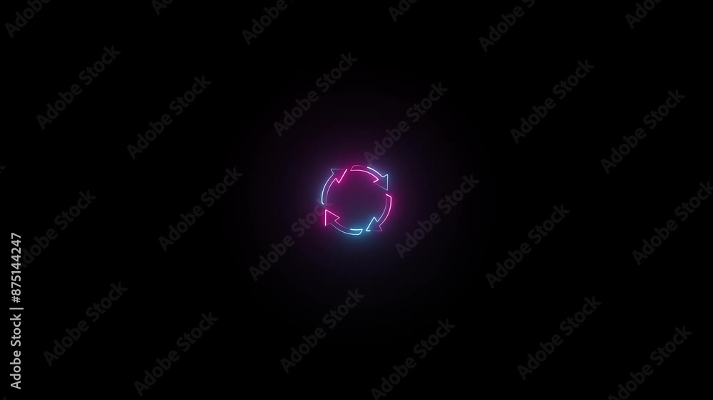 Poster glowing neon line rotation, circle arrow, refresh, reload animation on the black background. rotatio