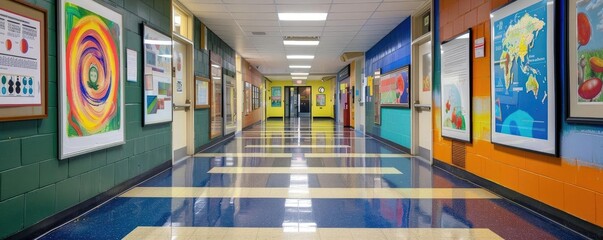 Colorful school hallway with vibrant artwork displayed on the walls and a shiny polished floor, creating a lively educational environment.