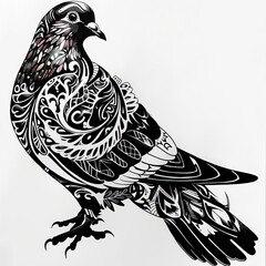 Obraz premium black and white ilustration of pigeon with fully tribal style illustration