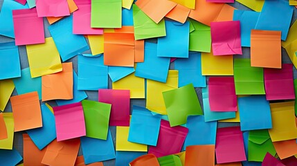 A vibrant and colorful assortment of sticky notes in various colors, scattered randomly. Suitable for themes of organization, office, and creativity.