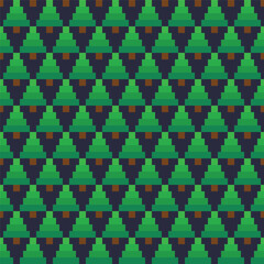 seamless repeating pattern of pine trees in flat design style on a dark blue background