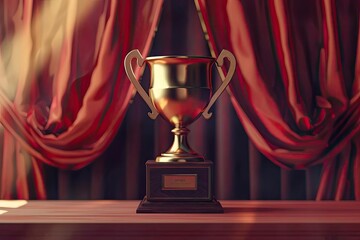 Golden trophy on a wooden table with red curtains in the background, symbolizing achievement and success.