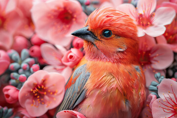 Bird design using a mix of flowers and feathers, offering a conceptual interpretation,