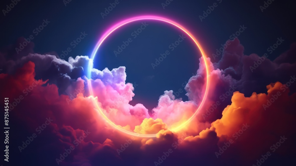 Poster abstract picture of colorful circle shape portal with yellow, blue, purple light reflecting set agai