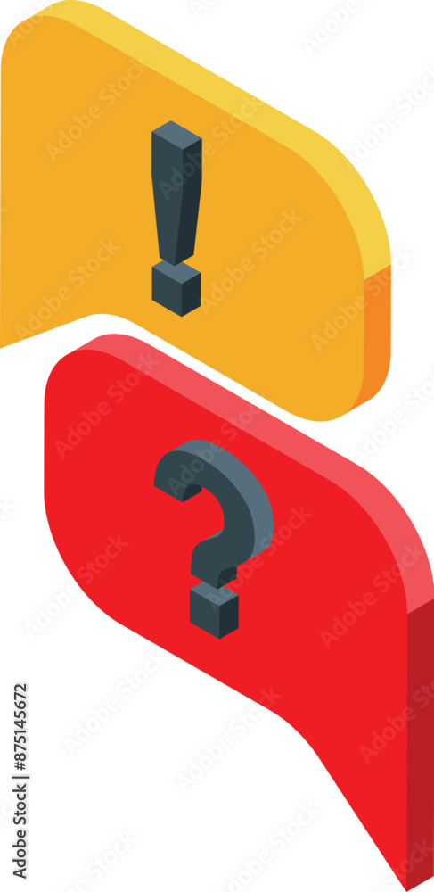 Poster two isometric chat bubbles, one yellow with an exclamation mark and one red with a question mark, re