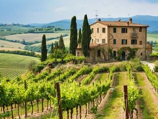 Picturesque Vineyard in Tuscany ItalyRolling Hills and Blue Sky.