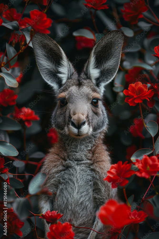 Poster artistic representation of a kangaroo using petals and feathers, challenging the functional percepti