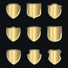 A set of gold 3D shields. 6 pieces. Vector on a black background	