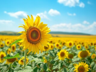 Sunflower Field Under Clear Blue SkyVibrant Colors and Sunlight Brightness.