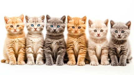 Group of kittens in different colors and breeds sitting in a view against background. Kittens are all looking at the camera with curious expressions.