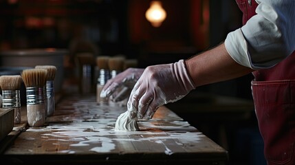a person wearing gloves is working on a counter with a sign that says  hand .