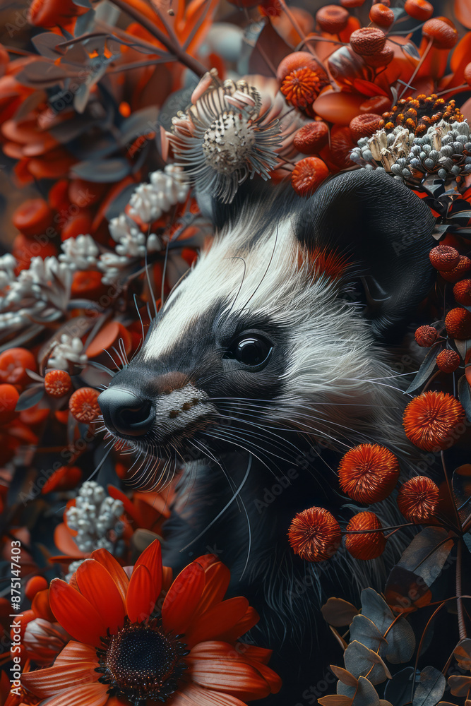 Poster a conceptual image of a skunk made from a mix of flowers and feathers, presenting a new perspective 