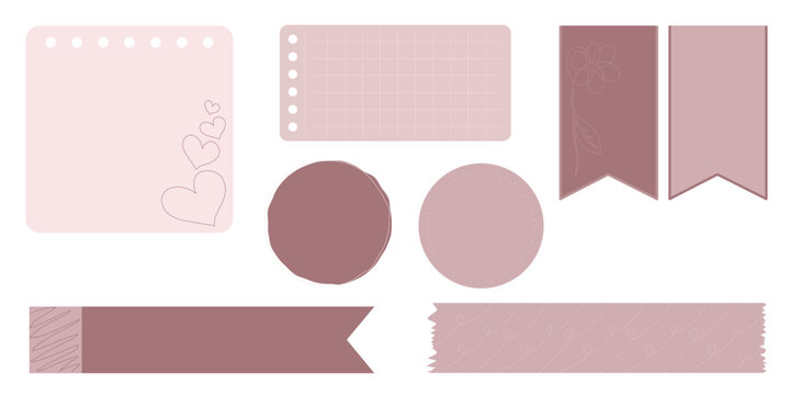 Collection of Cute Blank paper notes for to-do list, Daily and Weekly Planner. Scrapbook Stickers, different pieces of washi tape and bookmarks for scheduler or organizer