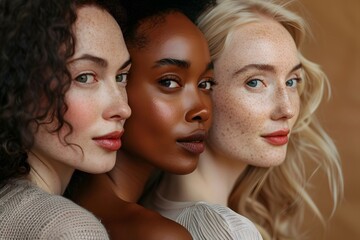 Obraz premium Three beautiful diversity woman with clear skin and no makeup, looking in the camera