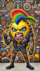 Obraz premium A 3D styled cute yet extreme punk lemon character with an exaggerated mohawk, numerous heavy facial piercings, and a fierce but endearing smile. 
