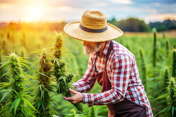 Obraz premium Farmer in hat cutting hemp crop in field in sunlight