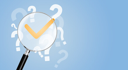 magnifying glass with a tick selection among question marks on a blue background. choice concept