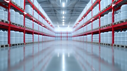 Fototapeta premium Modern warehouse with red shelves and white barrels, showcasing organized and efficient storage solutions in a spacious environment.