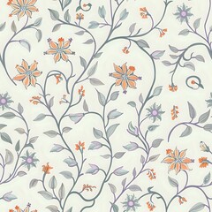 Detailed Grid Pattern with Blue, Green, and Pink Flowers