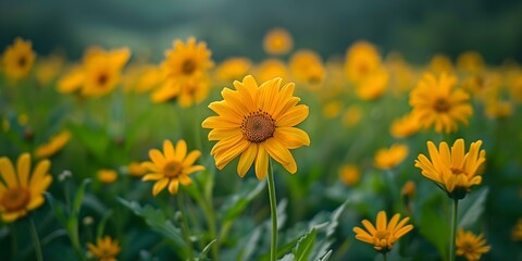 Panoramic view of yellow Arnica montana flowers in a Swiss meadow. Concept Landscape Photography, Nature, Swiss Alps, Wildflowers, Scenic views