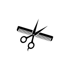 Scissors and hairbrush graphic icon. Sign of crossed scissors and hair brush isolated on white background. Barbershop symbol. Modern vector illustration.