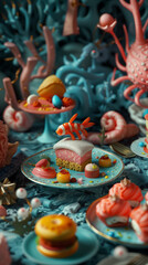 Fototapeta premium A vibrant and playful dinner scene with a central plate of pink spherical treats topped with a whimsical character