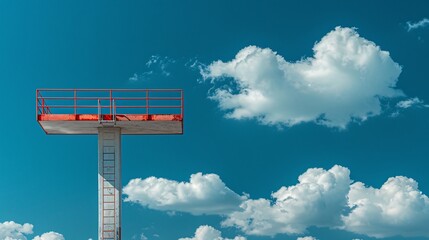 A profile shot of a diver standing on a high diving board against a backdrop of blue sky and white clouds, illustrating focus and determination, with copy space on the right for additional text