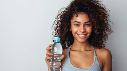 Top-down view of a fit young woman in sportswear, holding a water bottle and smiling confidently, isolated on a white background, ideal for health and wellness promotions or lifestyle blogs.