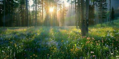 Obraz premium Morning Sunlight Illuminates a Lush Meadow with Wildflowers. Concept Nature Photography, Wildflower Field, Morning Light, Lush Meadow, Flower Garden