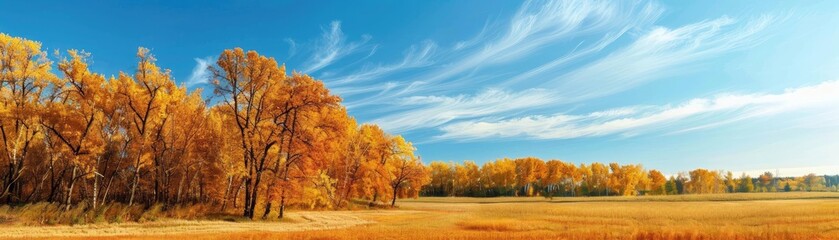 Naklejka premium Beautiful autumn landscape with vibrant orange trees under a clear blue sky, showcasing the natural beauty of fall season scenery.