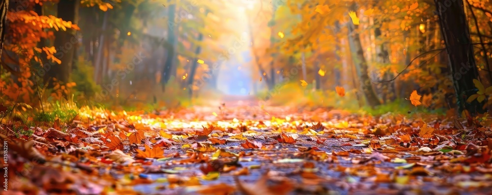 Poster enchanting forest path covered in autumn leaves with warm sunlight filtering through, creating a ser