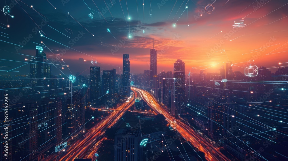 Aufkleber smart city with connecting network and internet of things digital graphics over the skyline aig41