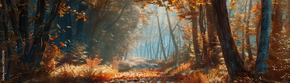 Poster sunlit forest path during autumn with colorful foliage, creating a tranquil and serene atmosphere pe