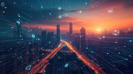 Smart city with connecting network and internet of things digital graphics over the skyline AIG41