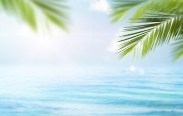 Fototapeta na wymiar blurry defocus background of sea and palm leaves