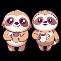 Cute Sloth eating coffee animals vector Cartoon sloth characters and climbing on rainforest jungle tree branches .Funny sloths eating leaves.