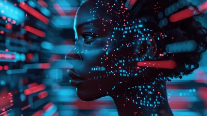 3d animation of a person's profile with digital elements in the background - Powered by Adobe