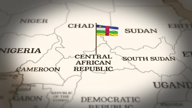 Central African Republic flag showing on world map with 3D rendering