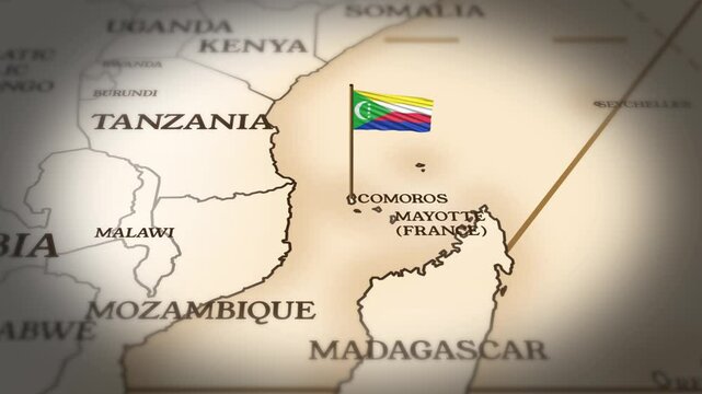 Comoros flag showing on world map with 3D rendering